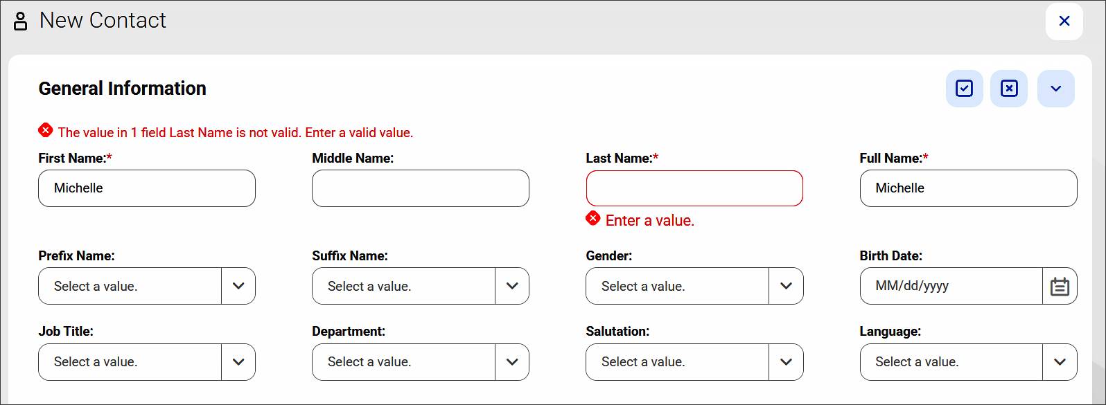 Example of a field level validation in a New Contact form page with the required Last Name field left blank with an error message.