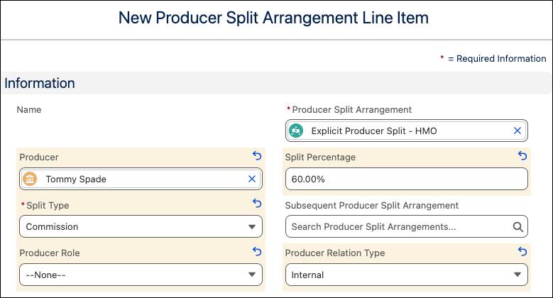 自社分割の [New Producer Split Arrangement Line Item (新規募集人分割方式品目)]。
