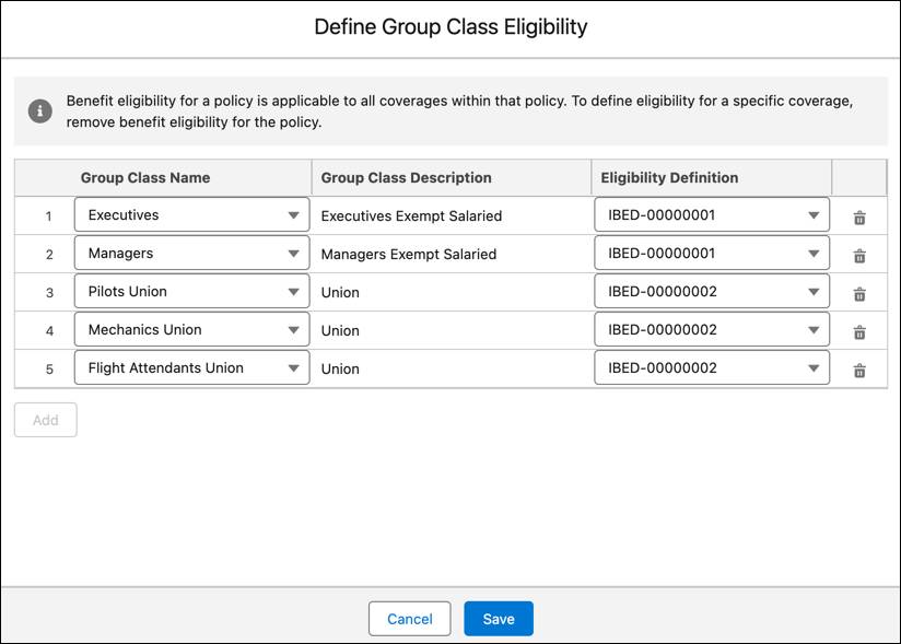 New Benefit Eligibility window with group classes mapped to eligibility definitions.
