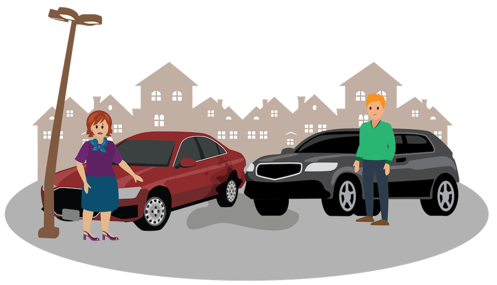 Anna, while driving her luxury sedan, is in a minor parking-lot collision with a male driver. Her bumper and a rear door are damaged.
