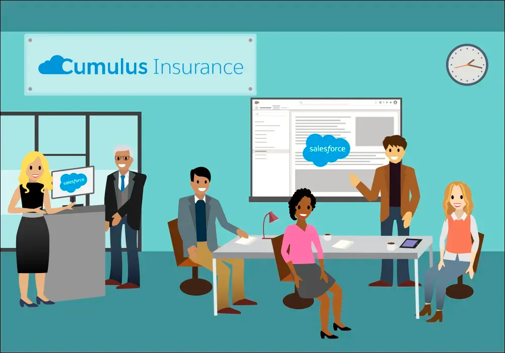 職場で新しい請求管理ソリューションについて熱心に議論する Cumulus Insurance チーム。