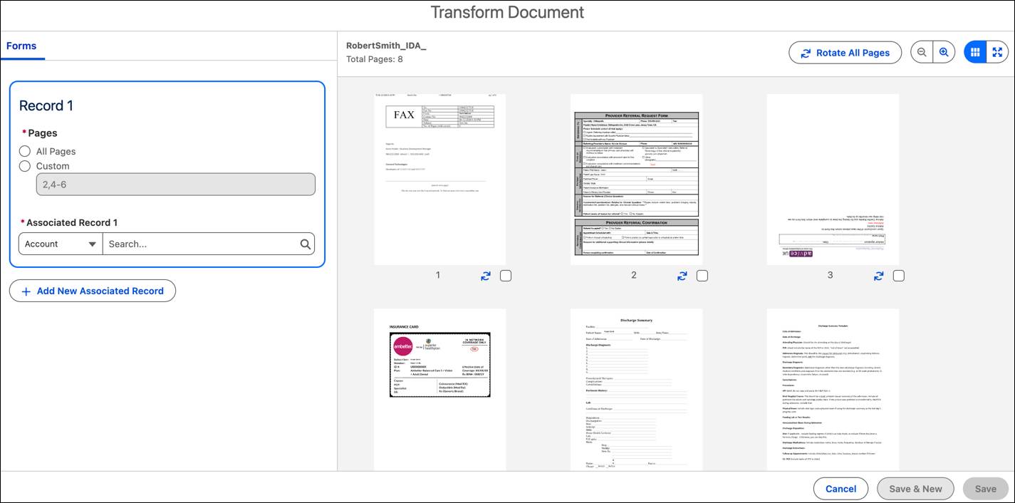 ユーザーが個々のページの表示方向を変えたり、さまざまなオブジェクトに添付したりできる [Transform Document (ドキュメントを変換)] ウィンドウ。