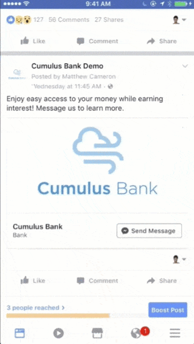広告をクリックした後、Cumulus Bank に関する詳細を知るためにチャットボットでテキストメッセージを送信する Rachel を示すアニメーション