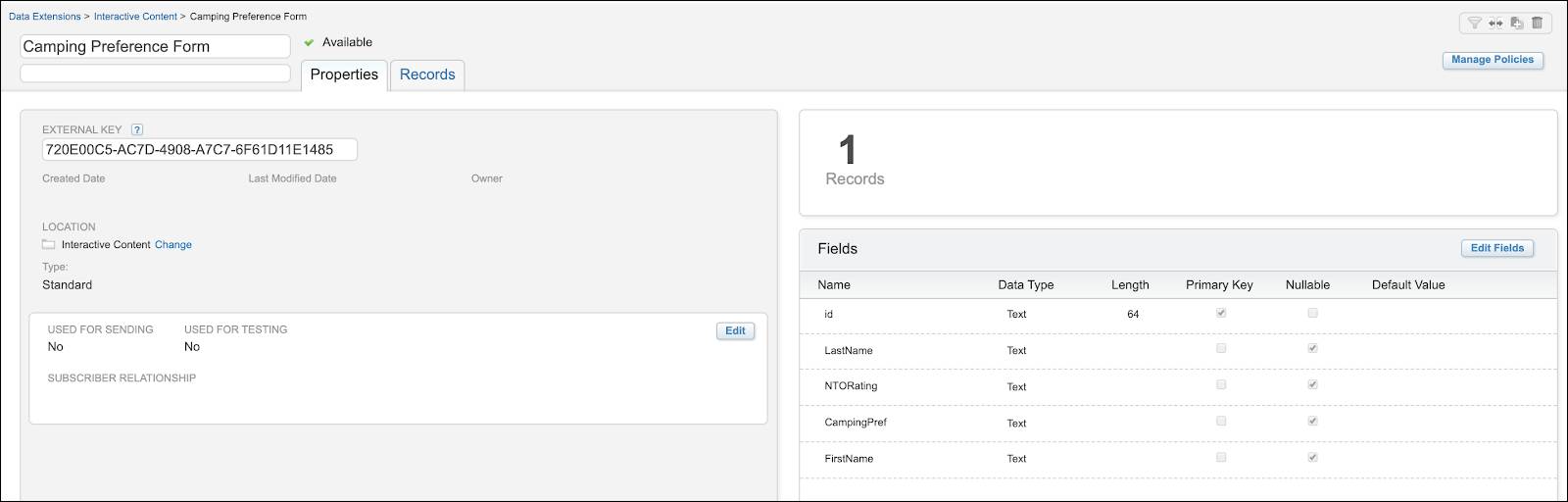Example of an automatically created data extension for an Interactive Email Form including the external key, location, type, and fields.