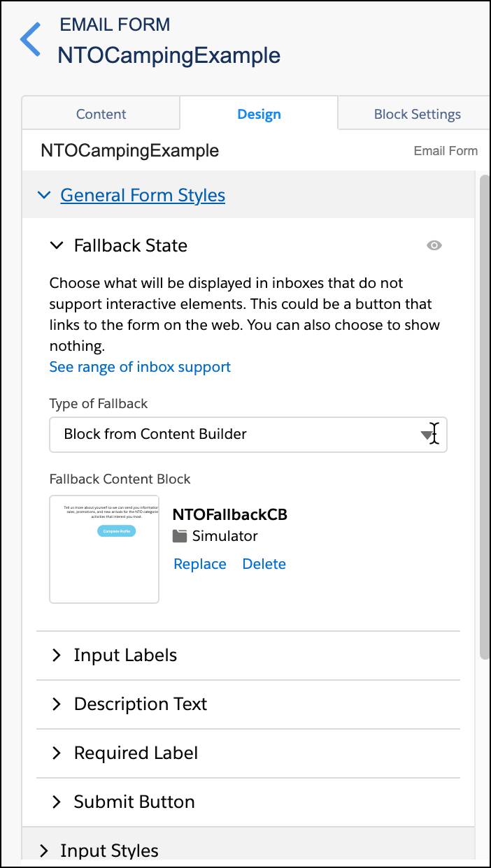 Design tab showing General Form Styles and the Fallback State selection.