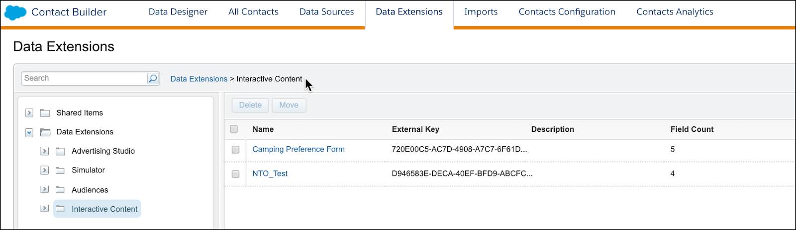 Interactive Content data extension files shown in the Data Extensions folder in Contact Builder.