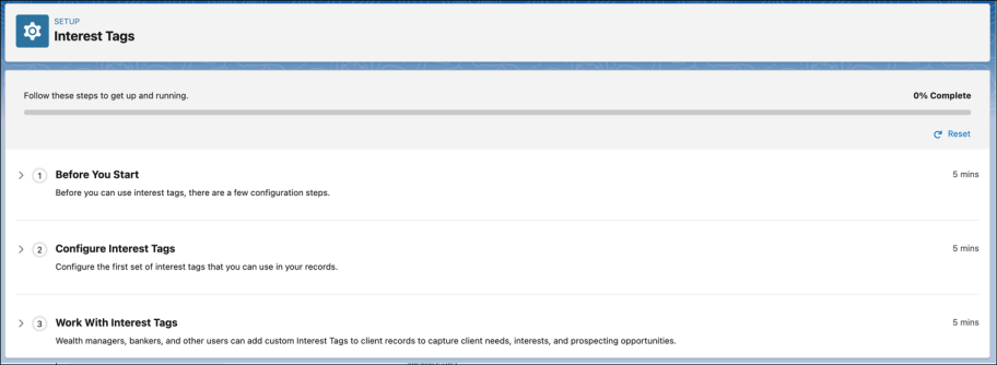 The interest tags guided setup screen with three sections: Before You Start, Configure Interest Tags, and Work with Interest Tags.