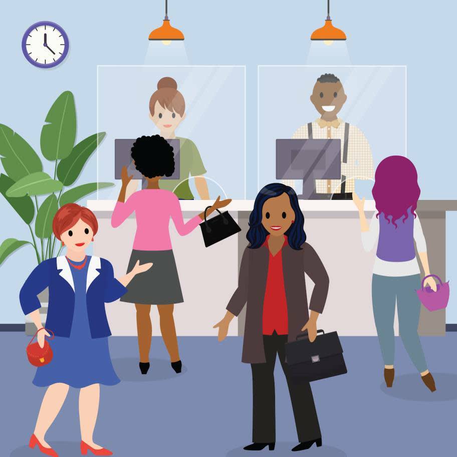 Six people standing in a bank.