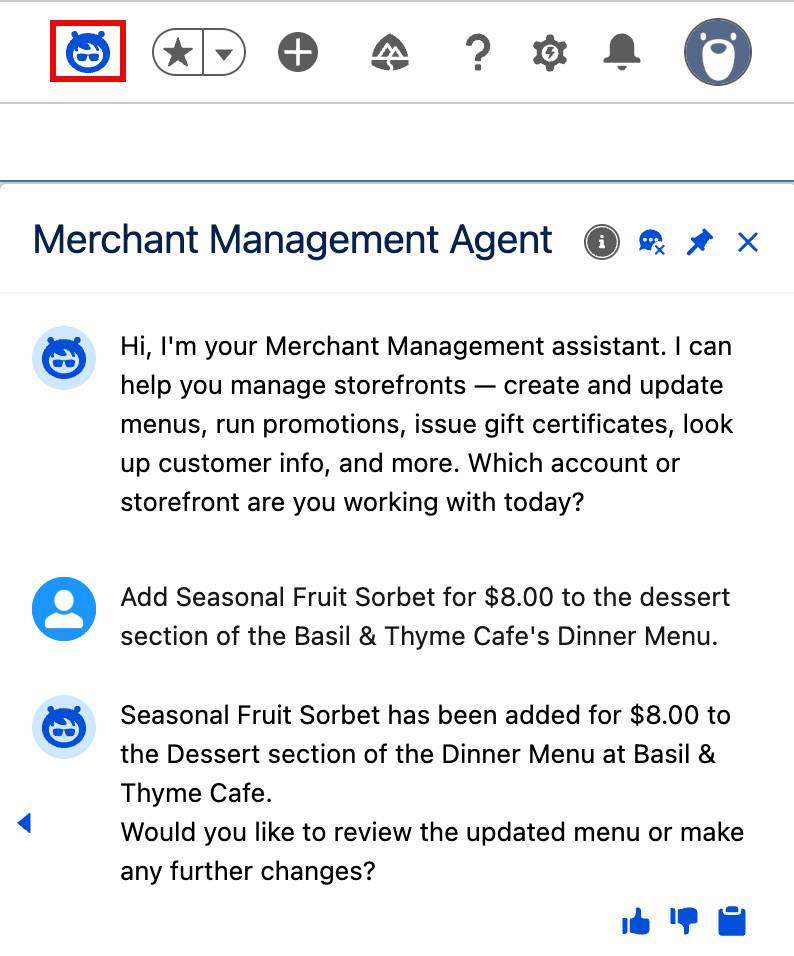 In the Agentforce window, a user asks an agent to add an item to a dessert menu at a cafe.
