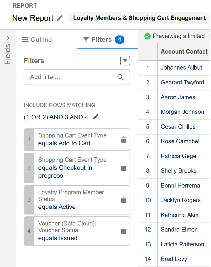 The Filters tab in a Data 360 report with filter logic applied between the filters.