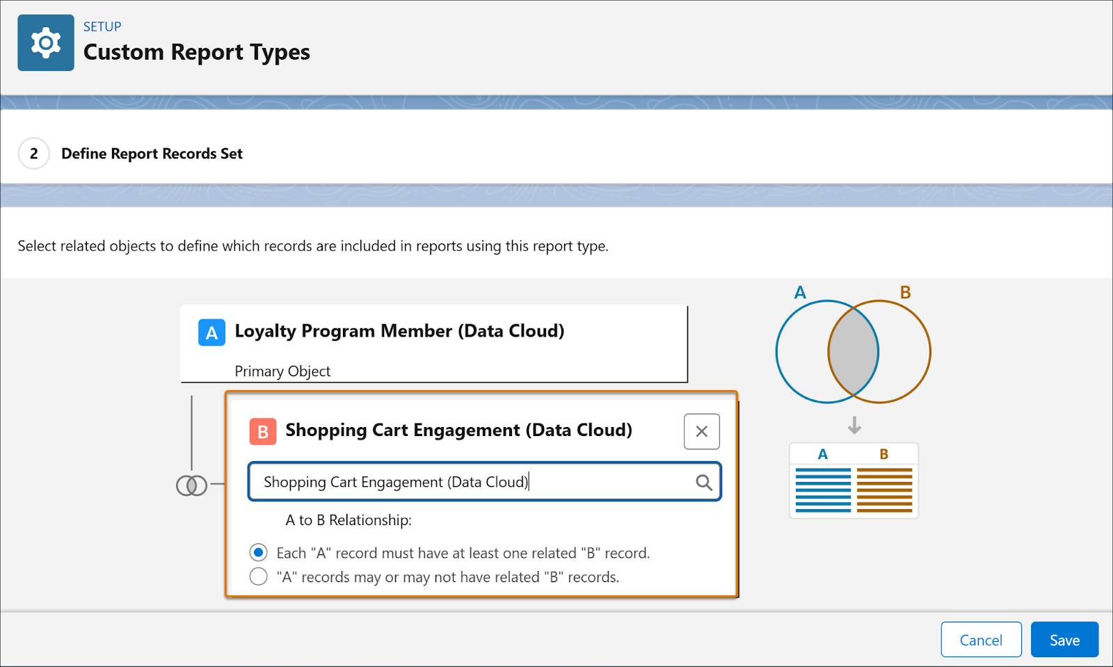 Selecting the join type for a custom Data 360 report.