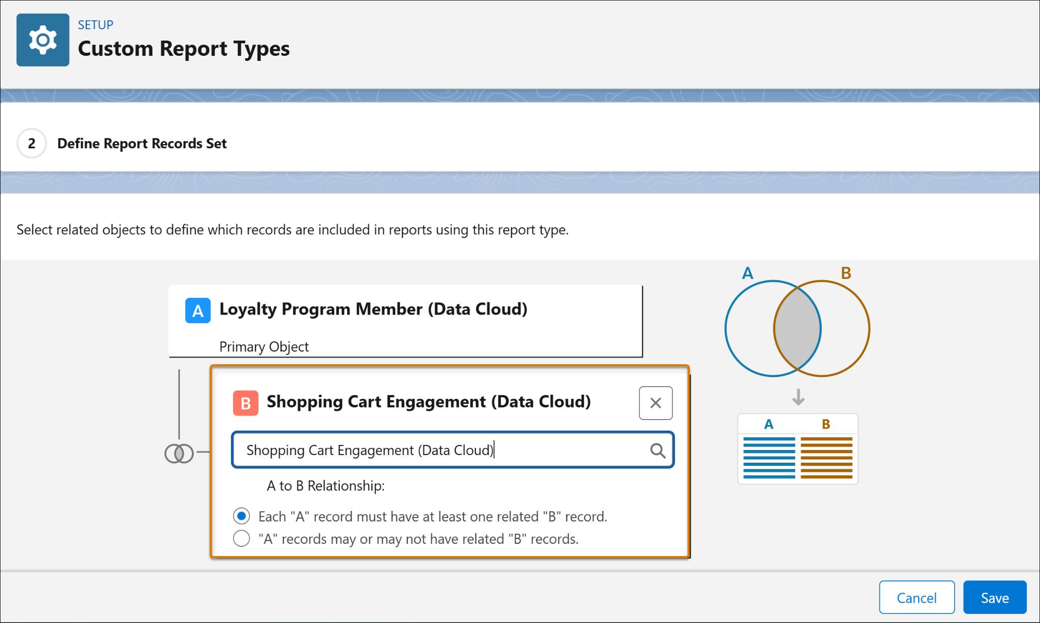 Selecting the join type for a custom Data 360 report.