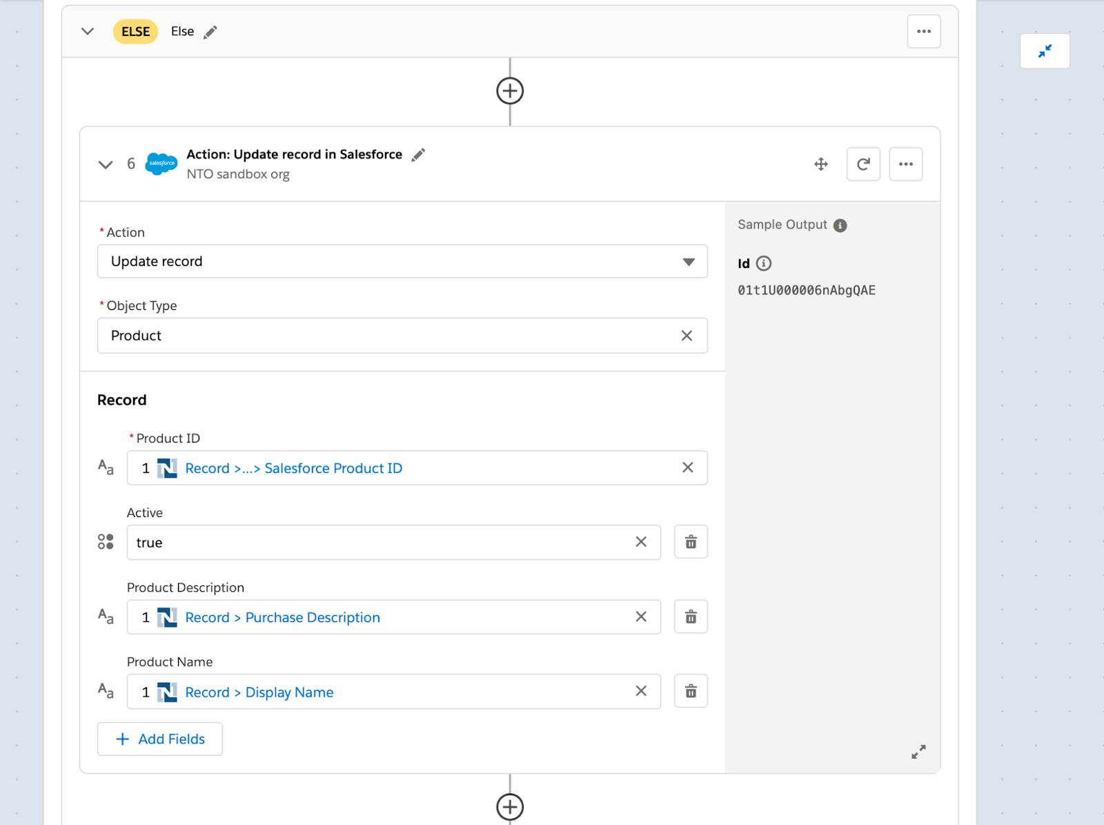 Else branch of If/Else block and step 6 of flow within Else branch to update the product with purchase description and display name from step 1.