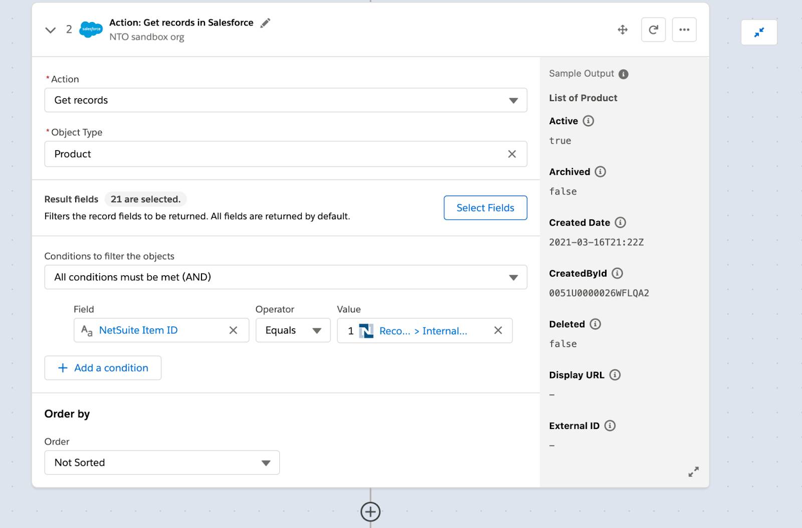 Step 2 of flow to get all products with the condition that their NetSuite item IDs must equal the inventory item’s internal ID from step 1.
