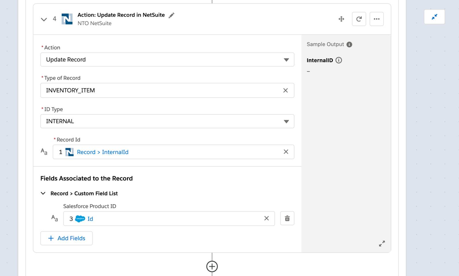 Step 4 of flow in If branch to update the inventory item with product ID from step 3.