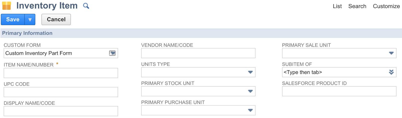 [Salesforce Product ID (Salesforce 商品 ID)] カスタム項目が表示されている NetSuite の [Inventory Item (在庫品目)] ページ