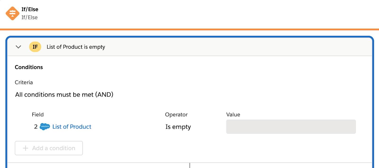 Tested flow showing If branch with condition if list of products is empty.