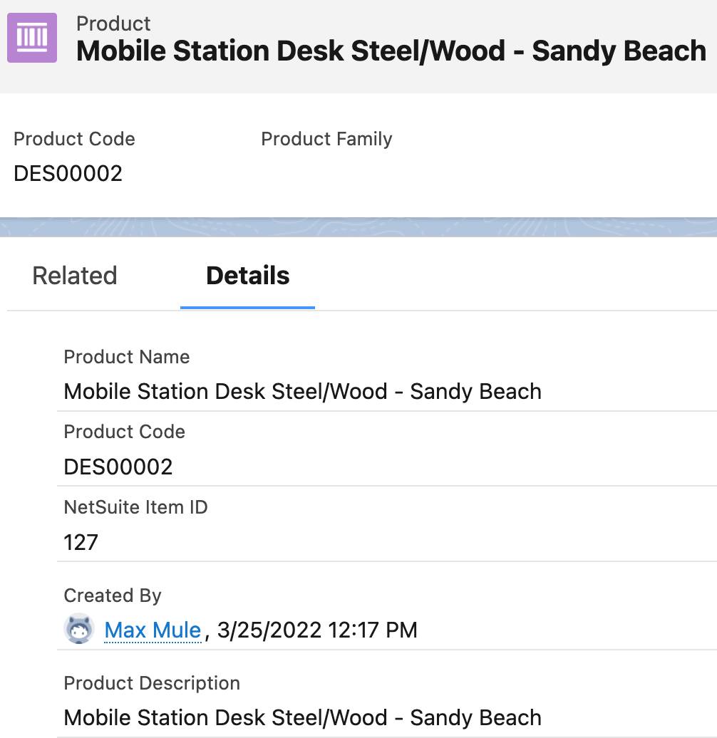 Product showing NetSuite item ID.