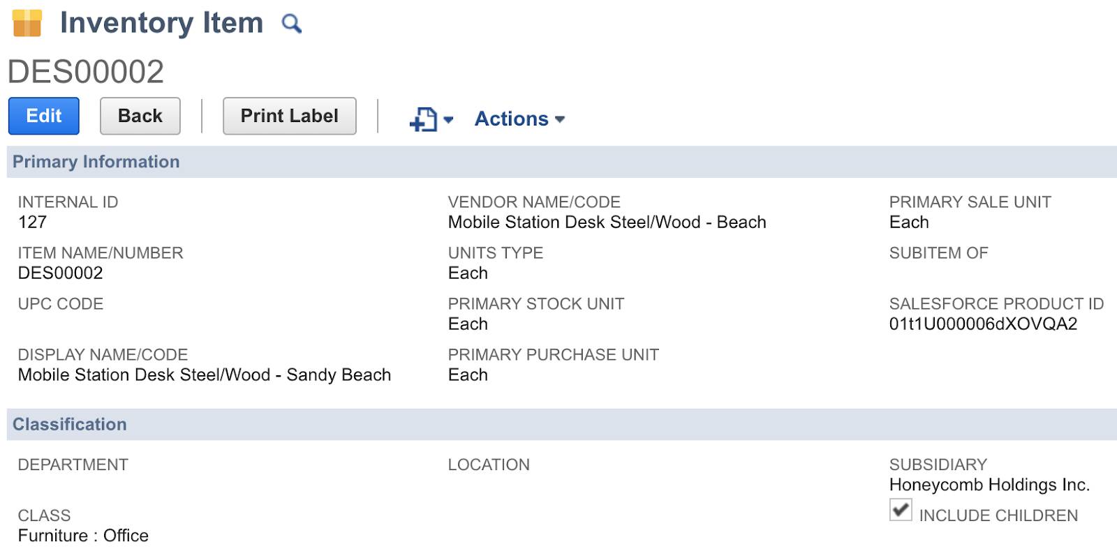 Inventory item showing Salesforce product ID.