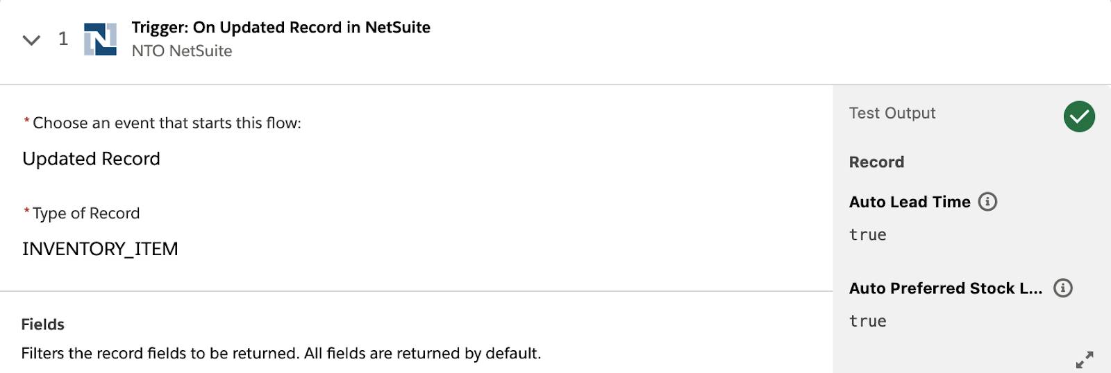 Tested flow showing a green check mark on step 1.