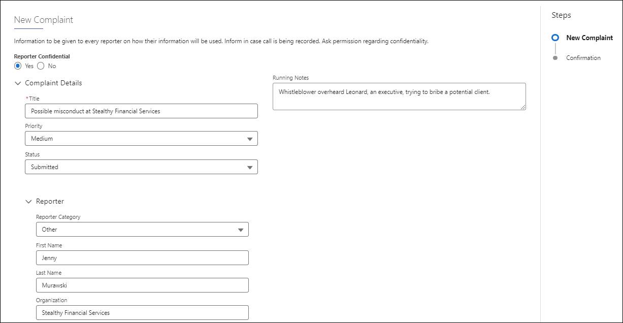 New Complaint guided intake form.