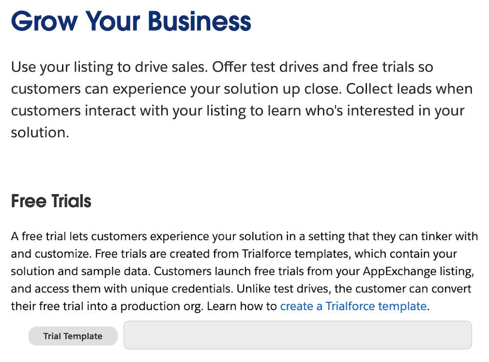 [Grow Your Business (ビジネスを発展させる)] タブの [Free Trials (無料トライアル)] セクションと [Trial Template (トライアルテンプレート)] ボタン
