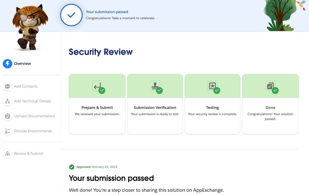 A sample AgentExchange Security Review status page with Prepare & Submit, Submission Verification, Testing, and Done stages, an approved note, and a Your submission passed status