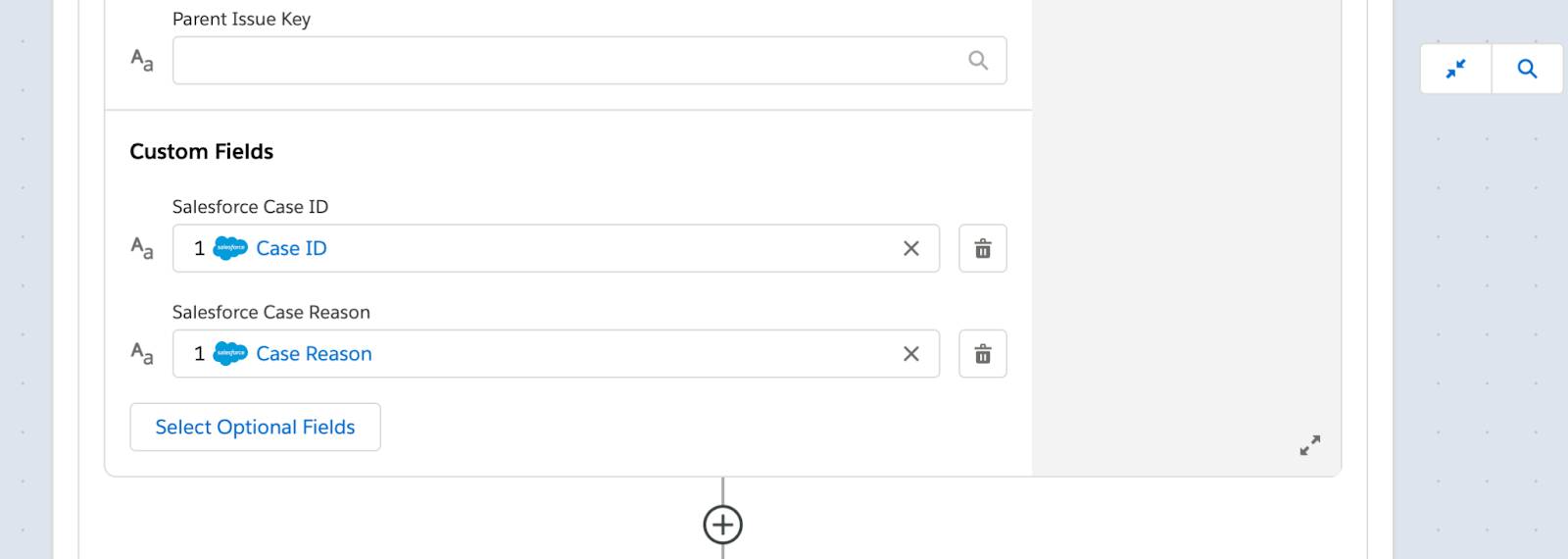 Jira でケース ID や原因を使用して課題を作成する If ブランチ内のフローのステップ 2 の残りの部分。