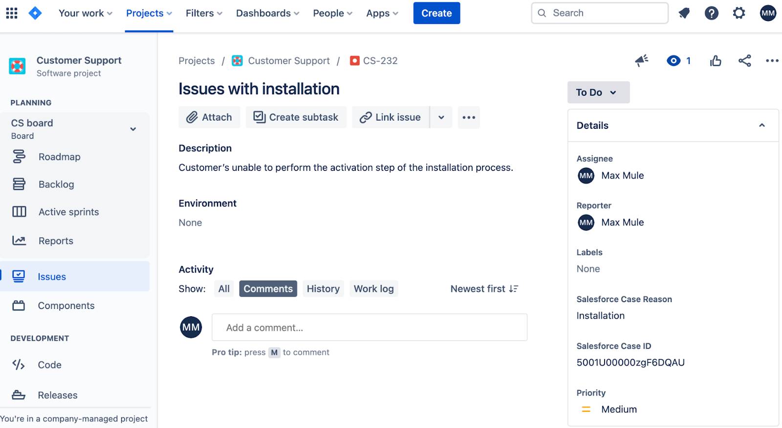 [Issues with installation (インストールに関する課題)] という課題に Salesforce ケース ID が表示されている [Customer Support (カスタマーサポート)] プロジェクト。