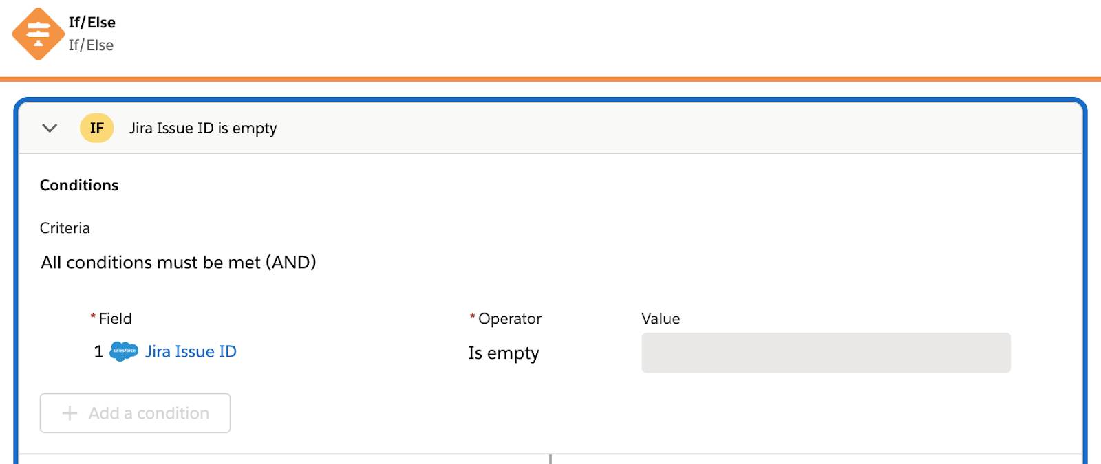 If/Else ブロックの If ブランチが示され、Jira 課題 ID が空かどうかを判断する条件が表示されているテスト済みフロー。