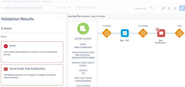 Pantalla de resultados de la herramienta de validación de Journey Builder en la que se muestran dos errores en la bandeja de resultados y un error destacado en el lienzo de la trayectoria