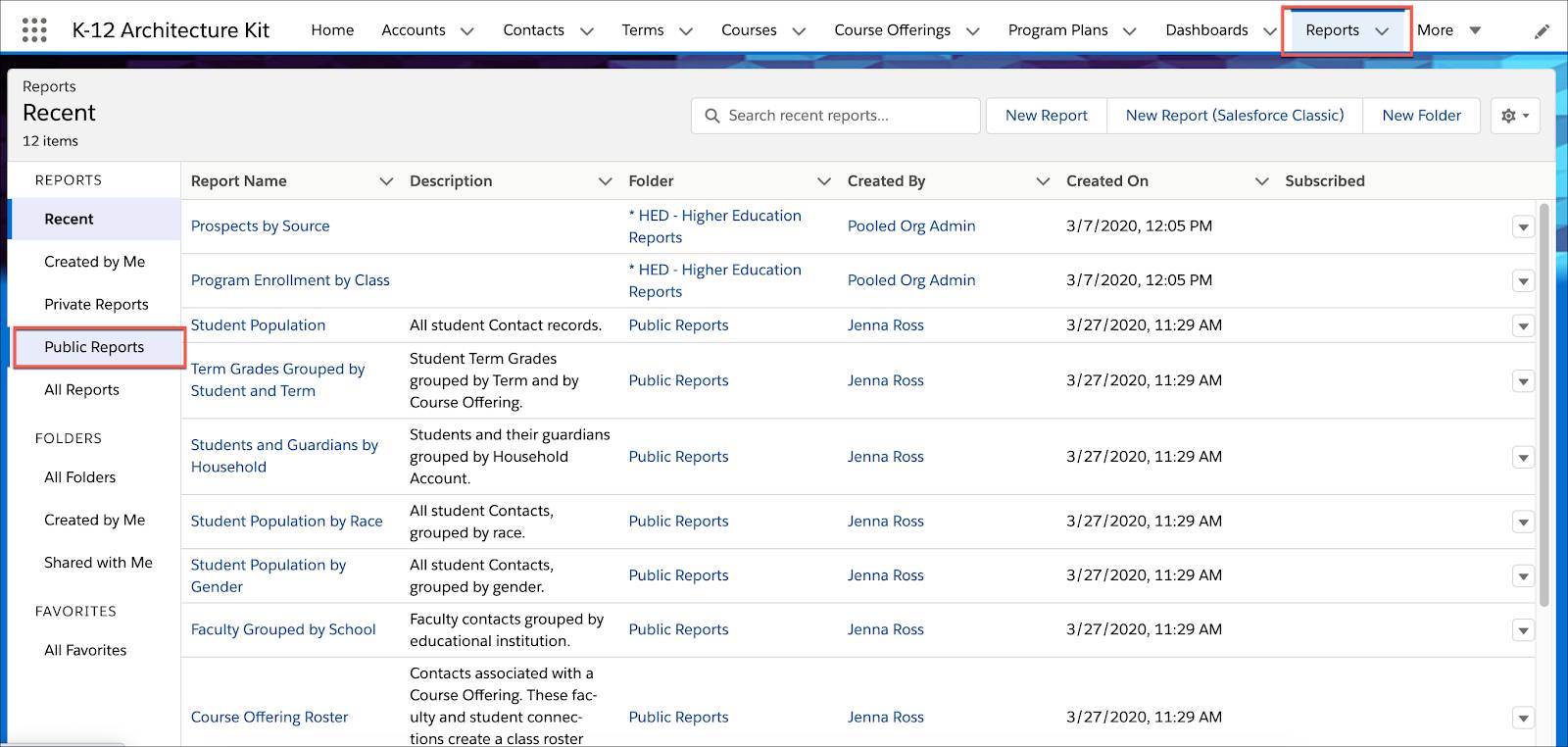 Listview of Recent reports filtered by Public Records.