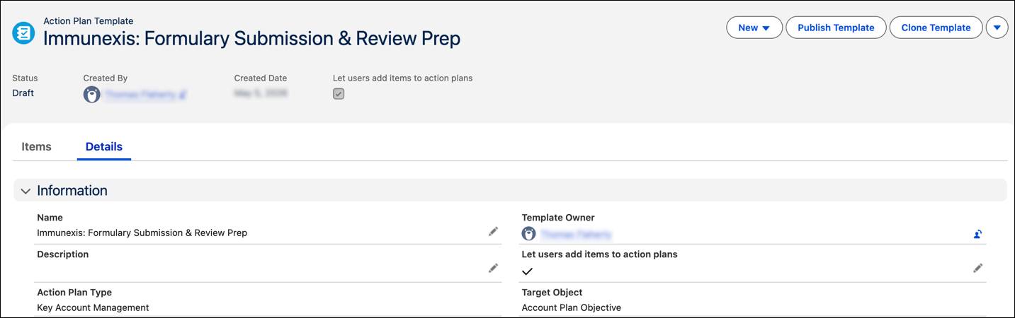 The Action Plan Template record highlighting the Target Object and Let users add items fields