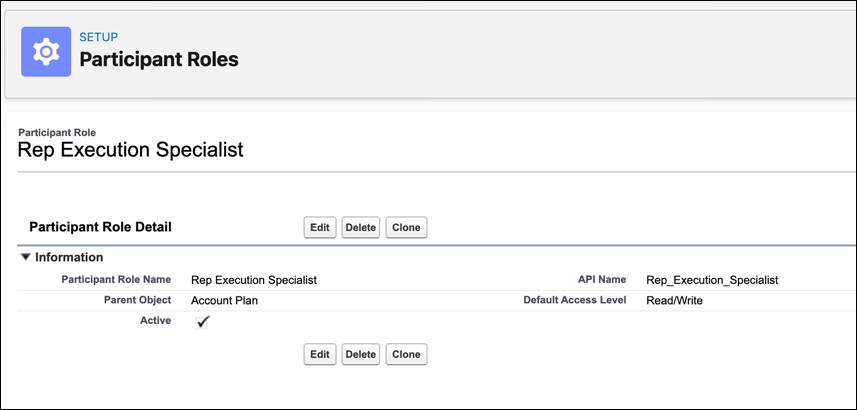The Rep Execution Specialist participant role with Account Plan as the parent object.