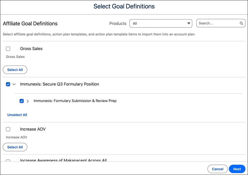 The Select Goal Definitions window.