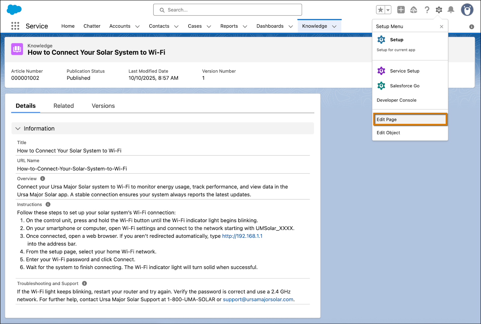 The Knowledge record page highlighting the Edit Page option.
