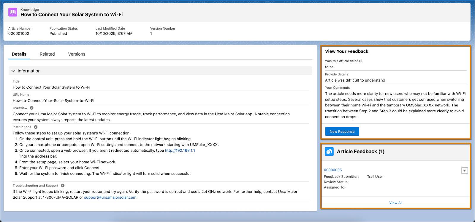 The Knowledge record page after the feedback components are added.