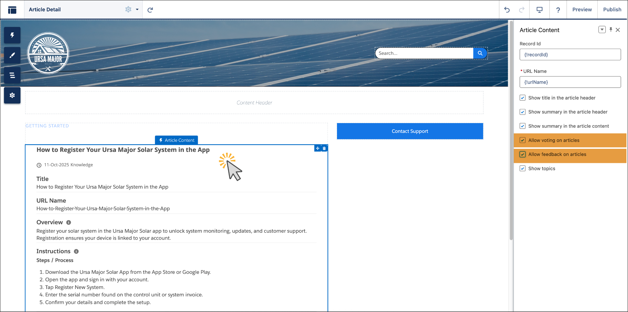 The knowledge article page in the experience site showing Article Content being clicked and the feedback components highlighted.