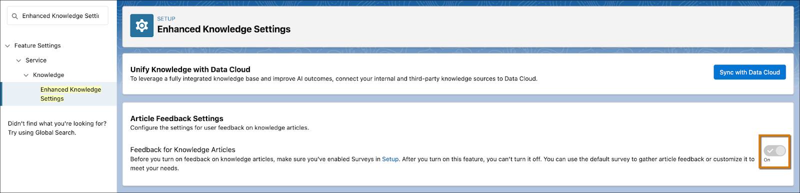 The Enhanced Knowledge Settings page in Setup highlighting the toggle button to enable Feedback for Knowledge Articles.