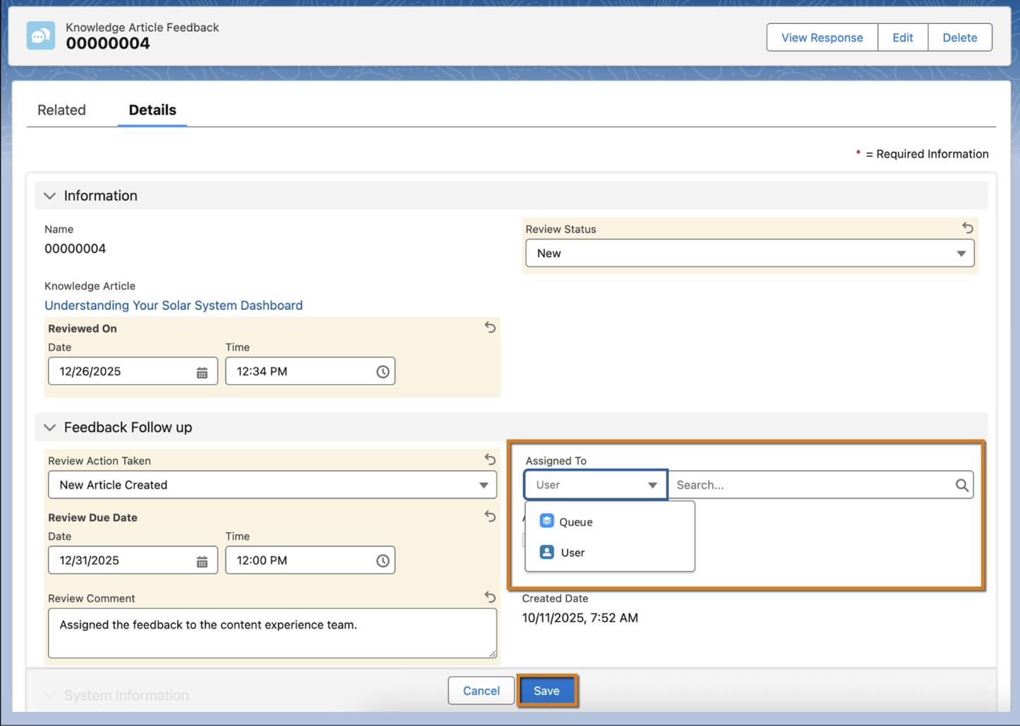 The Details tab of the Knowledge Article Feedback record page highlighting the assignment options.
