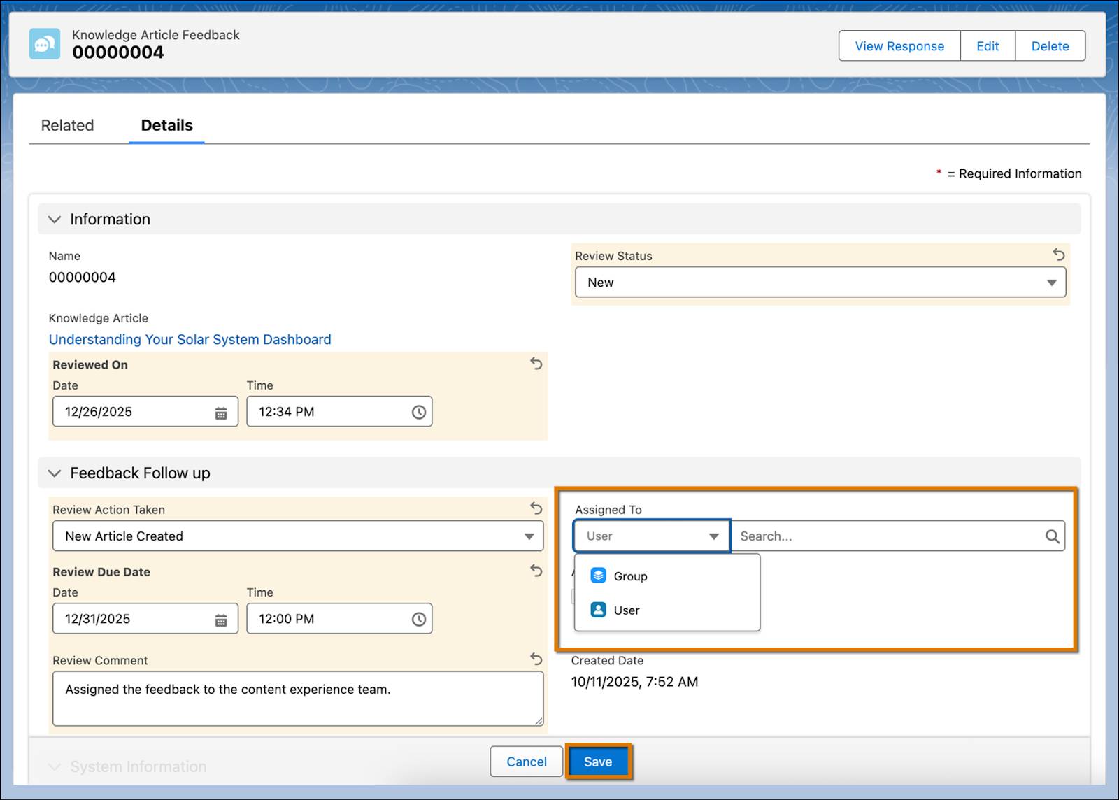 The Details tab of the Knowledge Article Feedback record page highlighting the assignment options.