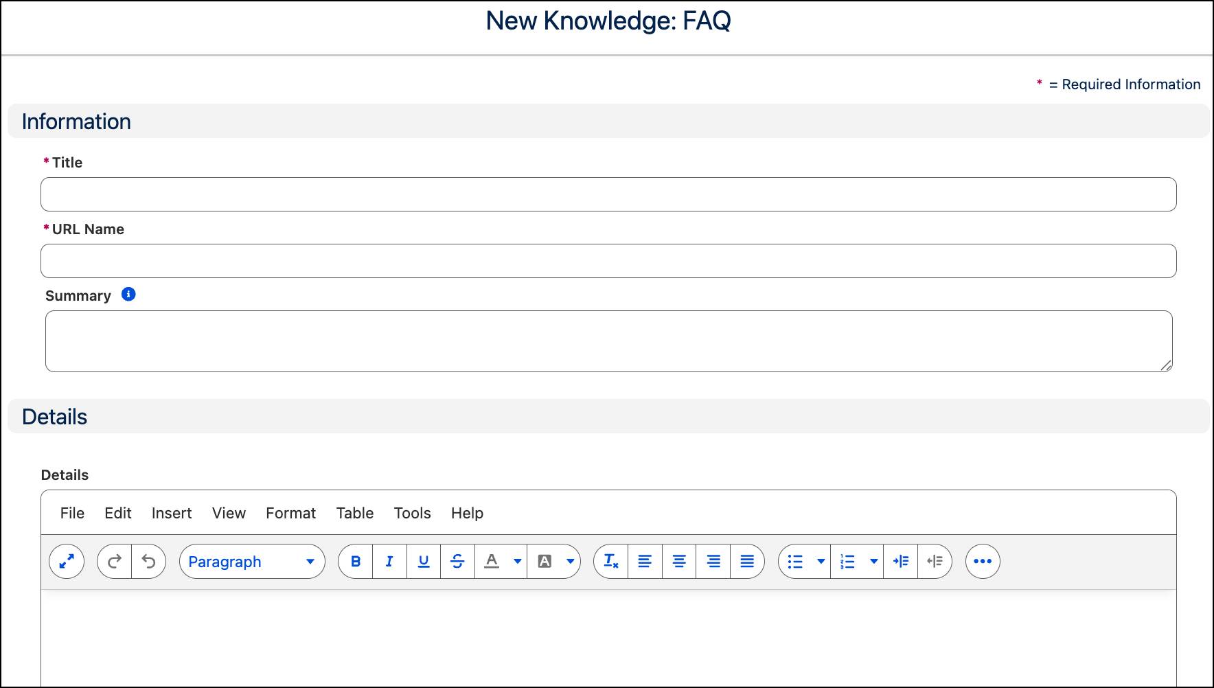 Key fields of a new FAQ knowledge article.
