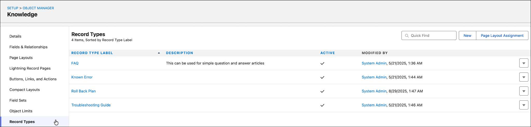 Record types of Knowledge articles from Salesforce Setup of an Agentforce IT Service org.