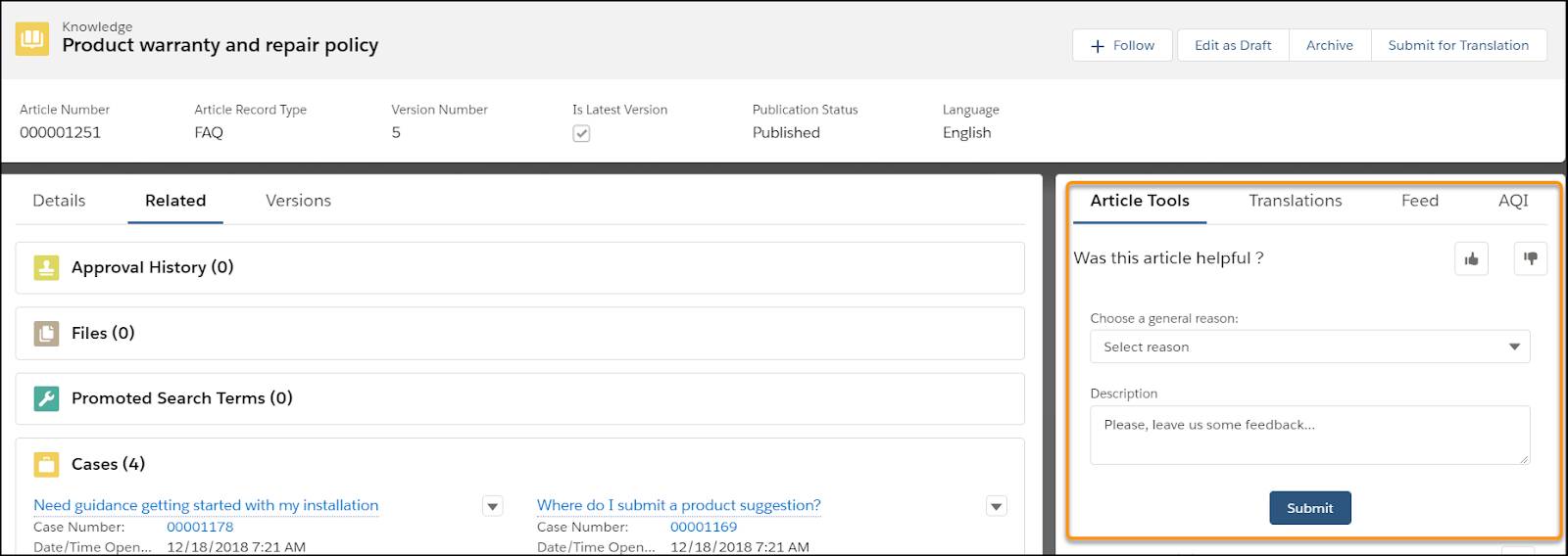 Article showing the article feedback tab on the right side.