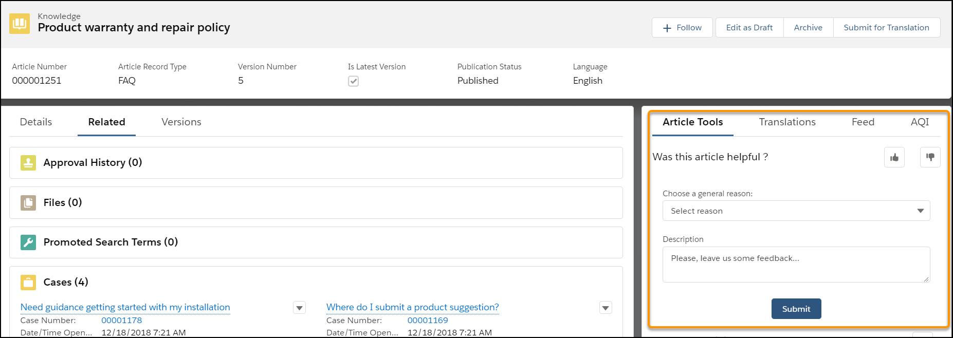 Article showing the article feedback tab on the right side.
