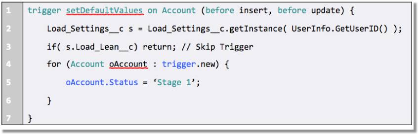Code snippet that shows the code for a trigger named setDefaultValues on the Account object. The statement in the code that is highlighted shows the account status updated to a value of stage 1