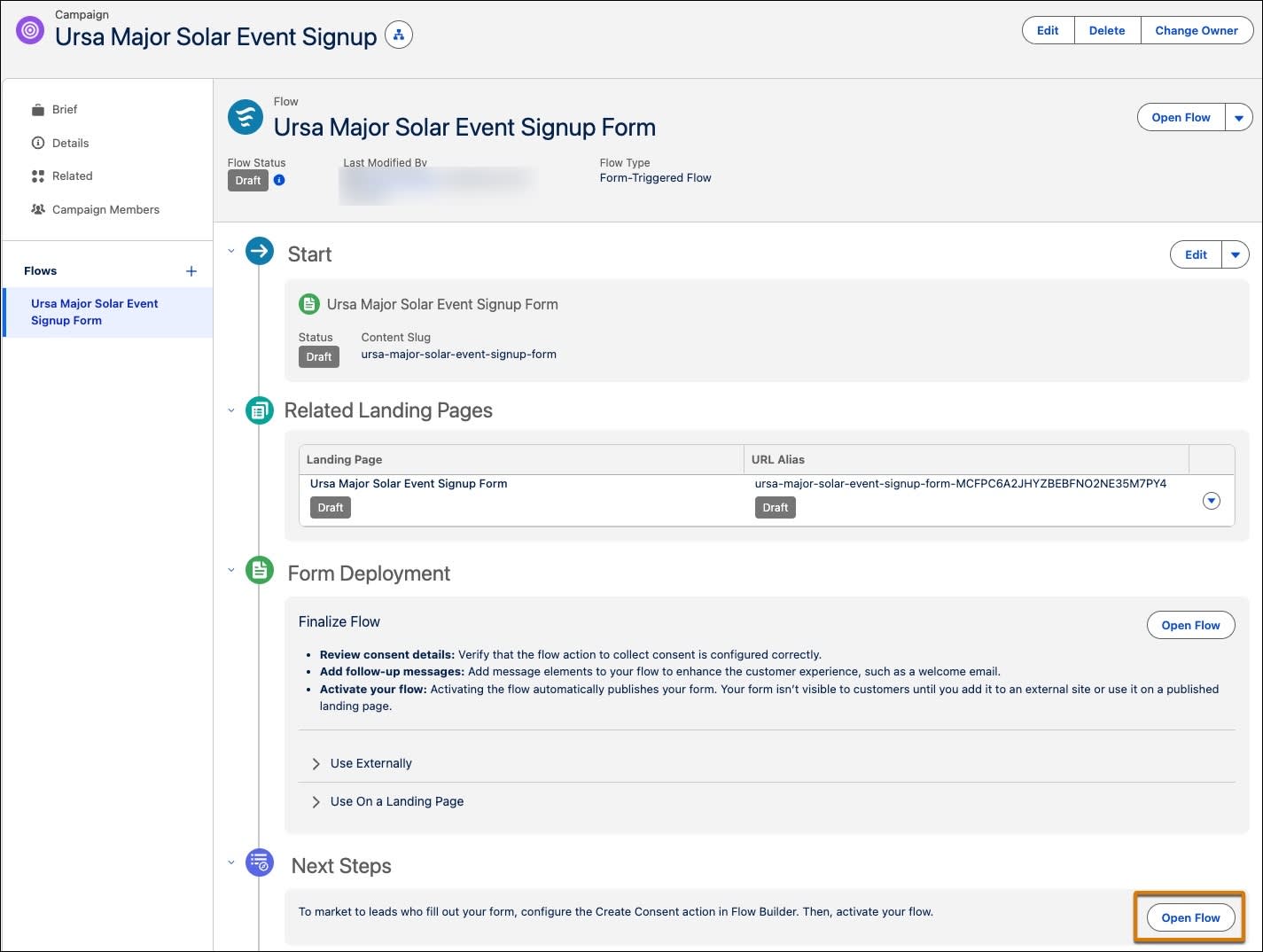 Ursa Major Solar Event Signup Campaign page with the Open Flow button highlighted in the Next Steps section.