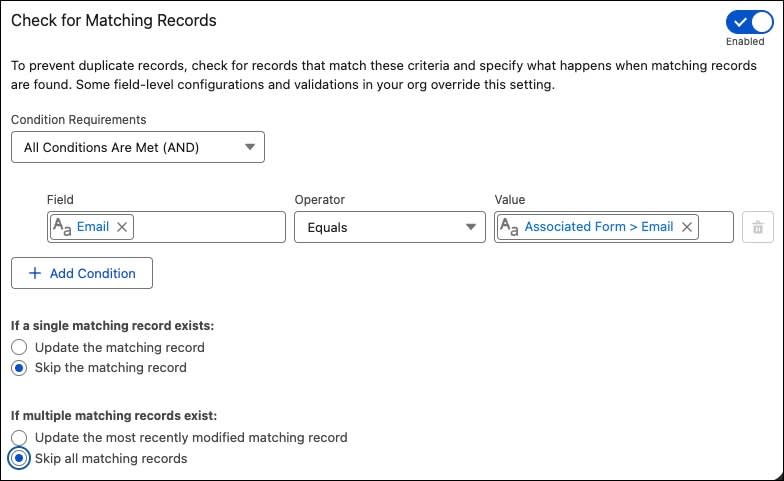 Check for Matching Records modal window.
