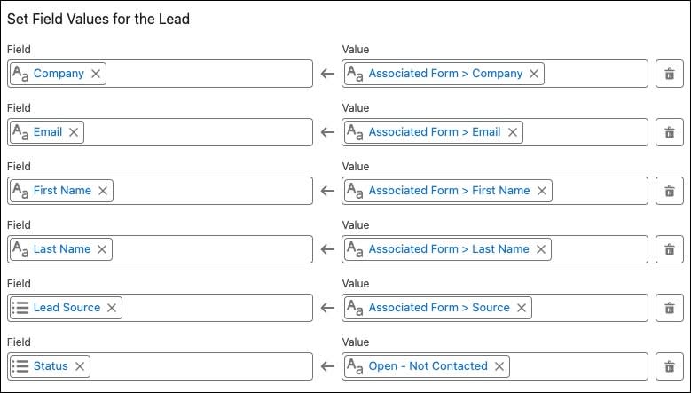 Field mappings for Lead creation record.