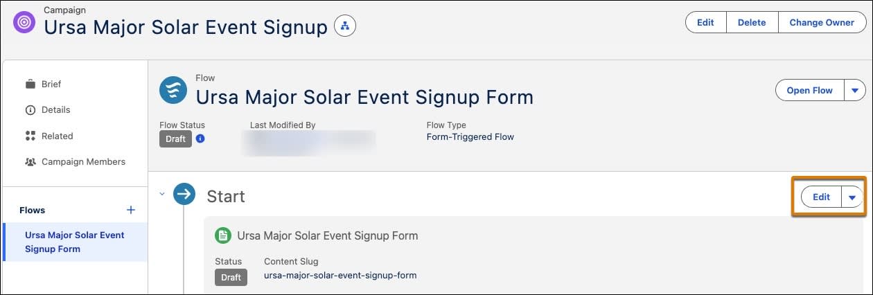 Ursa Major Solar Event Signup form shows Start section with the Edit button highlighted.